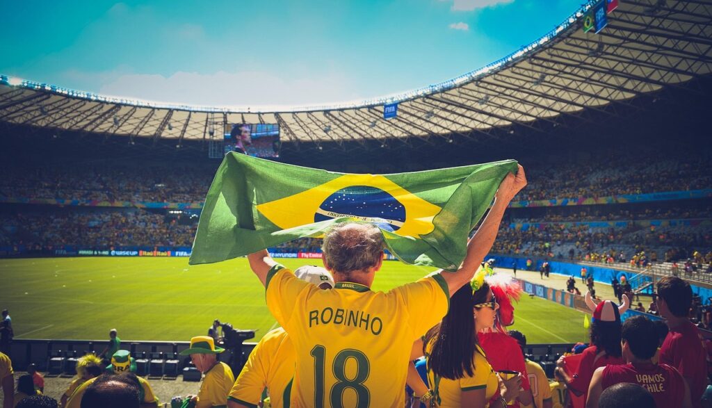 people, soccer, stadium, crowd, audience, sports, brazil flag, flag, game, match, football, cheering, brazil, brazilian, championship, soccer field, world cup, robinho