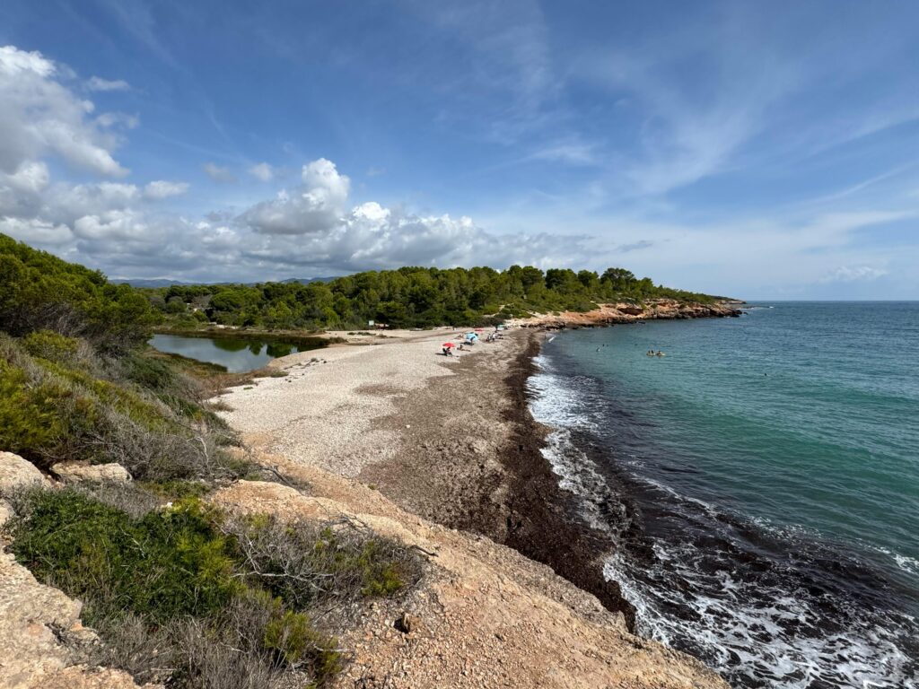 Beautiful coastal scene at L'Ametlla de Mar with clear skies, lush trees, and pebbled shoreline.