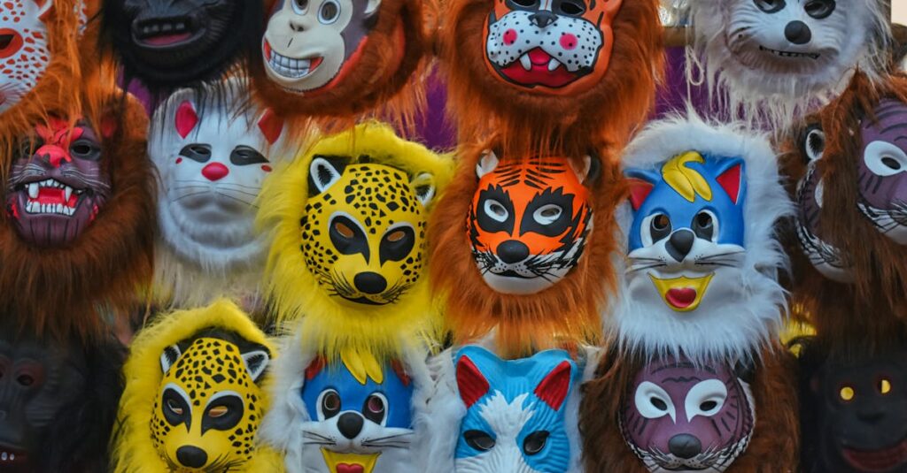 Vibrant animal masks including lions, monkeys, and tigers on display, perfect for festivals.