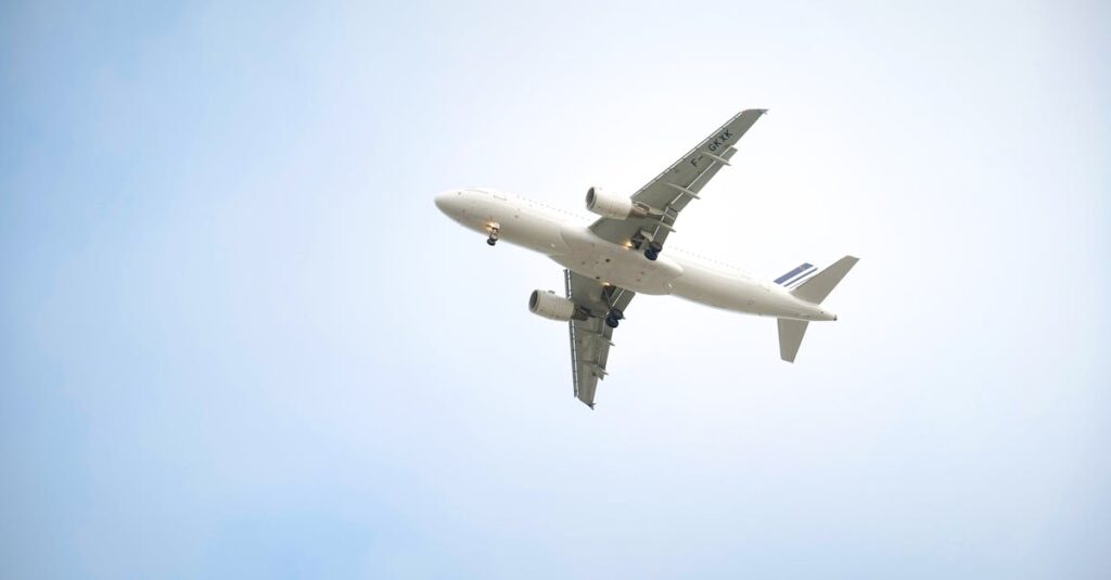 A white commercial airplane flying high against a clear blue sky, showcasing aviation dynamics.