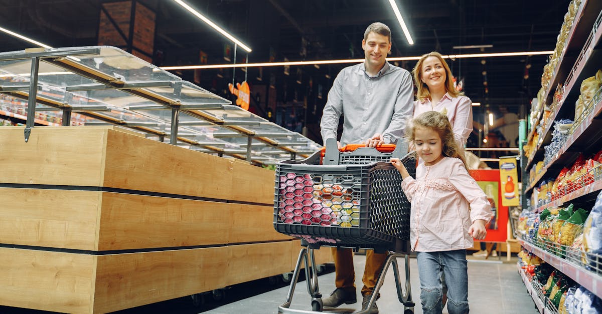 A joyful family shopping together in a supermarket aisle, enjoying their day.