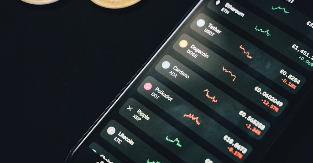 Smartphone showing cryptocurrency exchange app with bitcoin coins in the background, conveying digital finance.