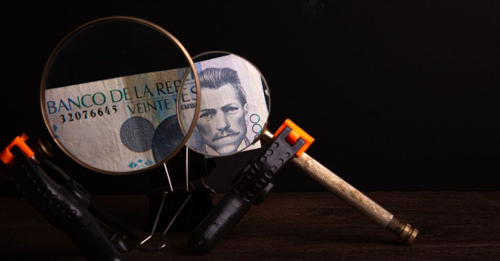 Magnifying glasses highlighting details on a Banco de la República note in a creative setup.